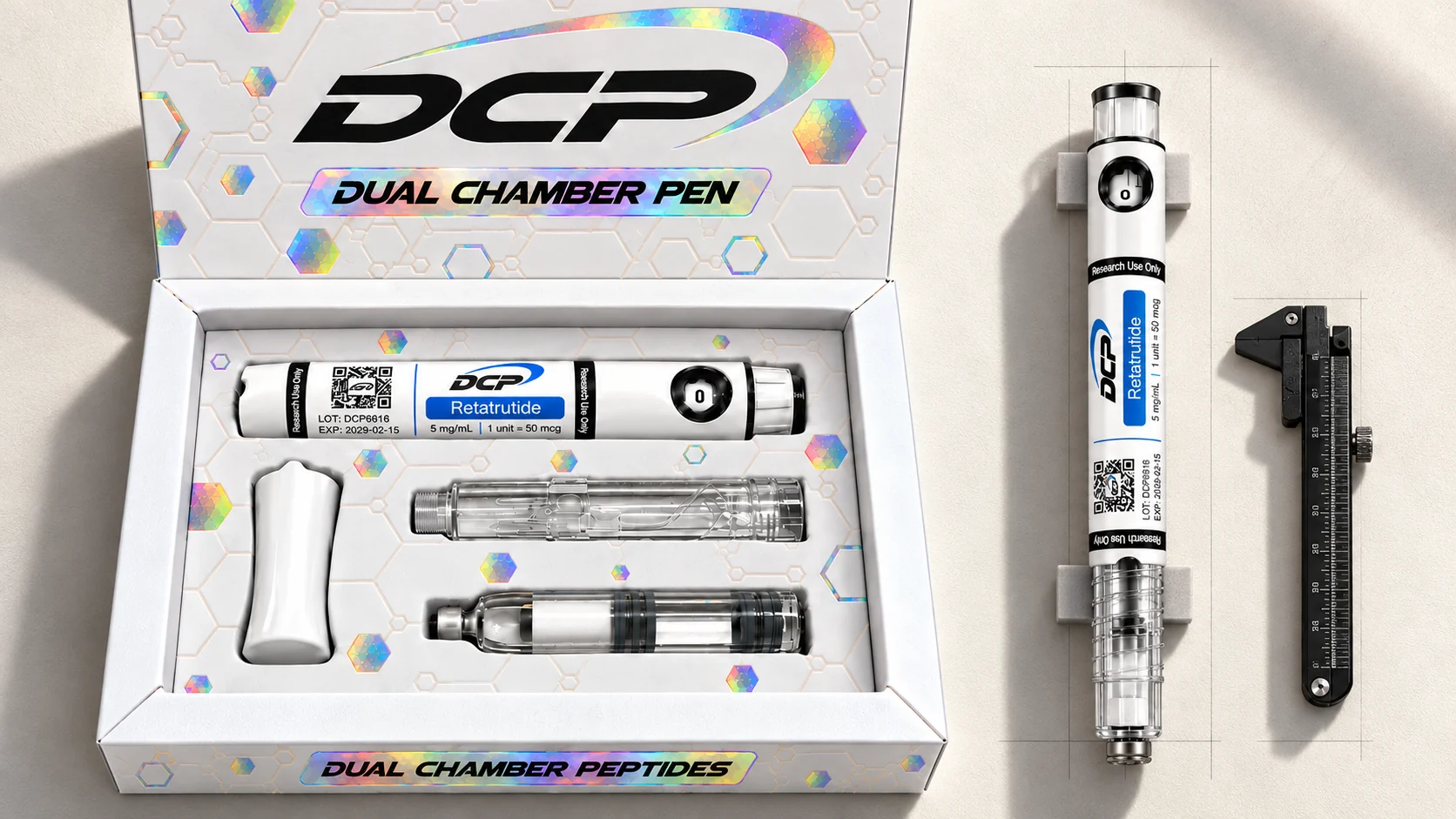 Dual Chamber Peptides — Redactionele productpresentatie; geen foto van echte faciliteiten, accessoires of testresultaten.